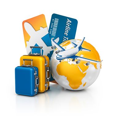 Picture of luggage, globe, credit card and plane