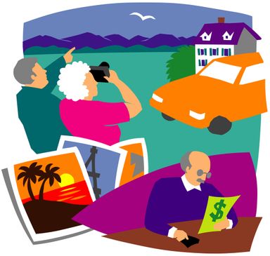 Older couple outside, car, house, older man looking at money, picture of a plam tree